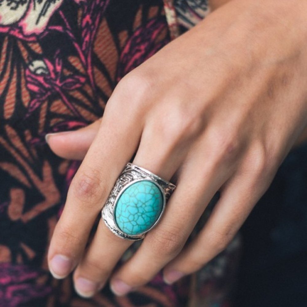 Trïbe Boho Round Turquoise Stone Silver Colored Adjustable Ring